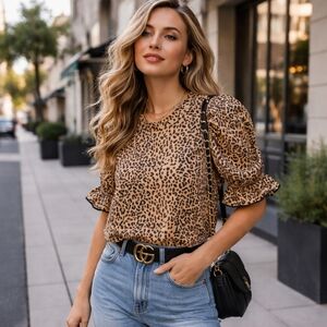 Moon River Leopard Print Blouse Puff Sleeve Ruffle Cuff Animal Print Top Chic